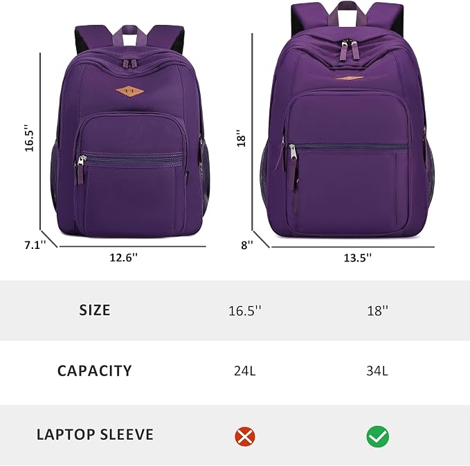 abshoo Girls Solid Color Backpack For College Women Water Resistant Large School Bag (Purple)