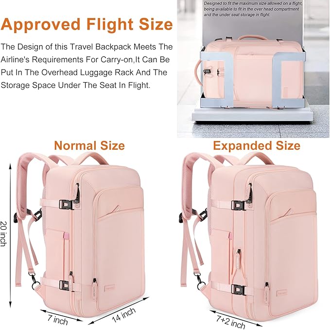 Lumesner Carry on Travel Backpacks, Extra Large 40L Flight Approved Bag for Men & Women,Expandable Suitcase Backpack With 4 Packing Cubes,Water Resistant Luggage Daypack Business Weekender Bag, Pink