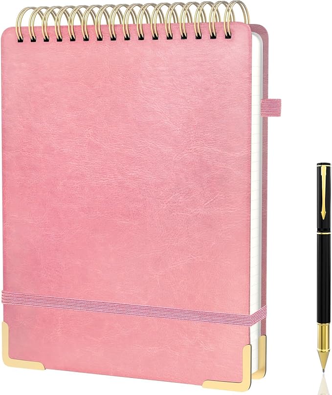 A4 Top Spiral Notebook, Large Leather Hardcover Top Bound Steno Pads, 240 Pages 100 gsm Thick Lined Paper Left Handed Notebook Journal for Work, School, Meeting Writing - Pink, 8.5" x 11"