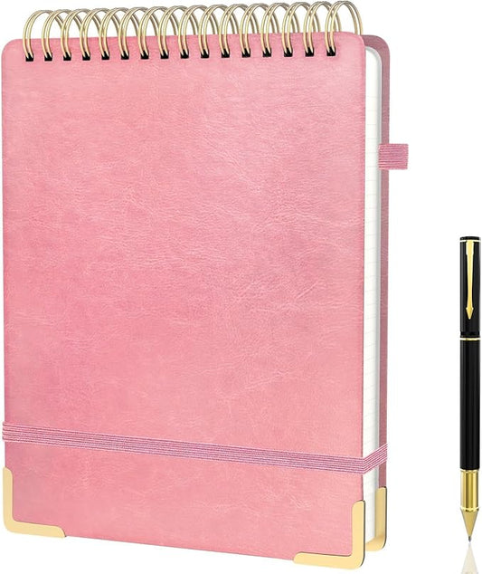 A4 Top Spiral Notebook, Large Leather Hardcover Top Bound Steno Pads, 240 Pages 100 gsm Thick Lined Paper Left Handed Notebook Journal for Work, School, Meeting Writing - Pink, 8.5" x 11"