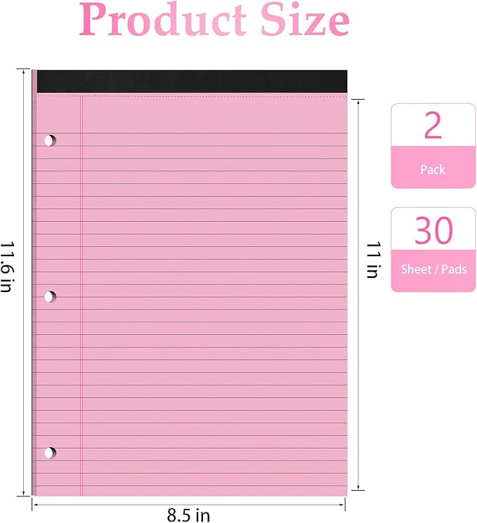 HAUTOCO 2 Pack 8.5 x 11 Legal Pads Pink Wide Ruled Notepads Perforated Writing Pads, 30 Sheets Per Notepad, 3-Hole Punched Paper, Writing Note Pads for School, Home, Office, Business