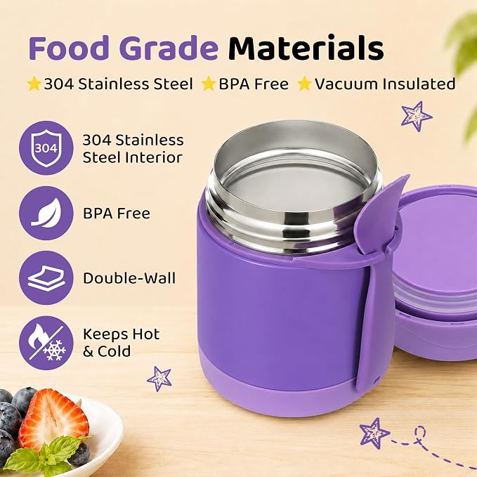 Pawtong10oz Soup Thermo for Hot Food Kids Insulated Food Jar,Thermo Hot Food Lunch Container, Width Mouth Stainless Steel Lunch Box for Kids with Spoon (Purple)
