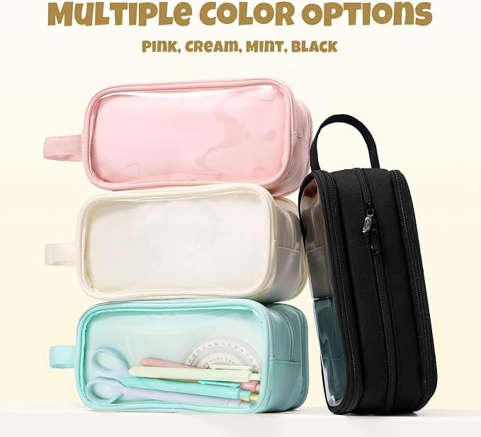 SUNEE Large Capacity Pencil Case with 3 Compartment, Extra Big Pencil Pouch, Pencil Bag with Clear Window, Pen Case School Supplies for Teens Adults Girls Boys,Beige
