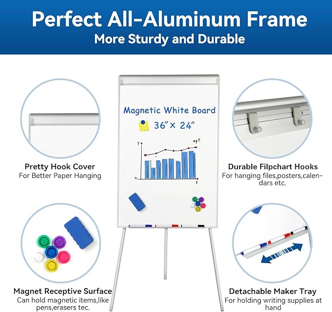 Portable White Board Dry Erase with Stands,Foldable Magnetic Standing Whiteboard Flip Chart Easel for School Office and Home(36x24 White)