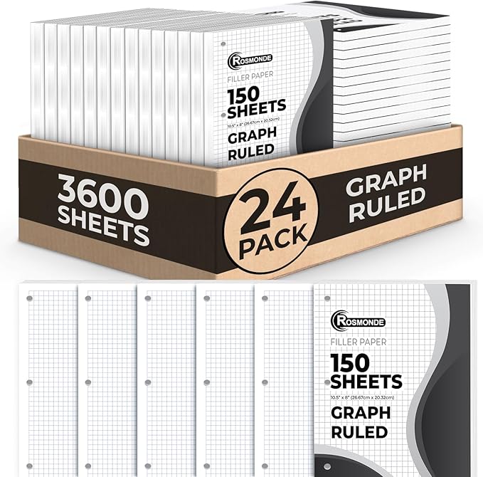 Rosmonde 24 Pack Graph Paper Bulk, 3600 Sheets, Bulk Loose Leaf Paper, 4x4 Grid Ruled, 8" x 10.5", Quad Ruled Bulk Filler Sheets, 54 GSM, 3 Hole Punched for Binders, Bulk Graphing Sheet, Bulk Supplies