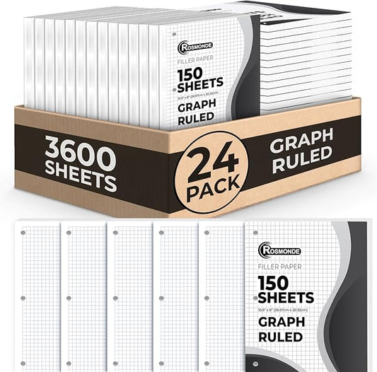 Rosmonde 24 Pack Graph Paper Bulk, 3600 Sheets, Bulk Loose Leaf Paper, 4x4 Grid Ruled, 8" x 10.5", Quad Ruled Bulk Filler Sheets, 54 GSM, 3 Hole Punched for Binders, Bulk Graphing Sheet, Bulk Supplies