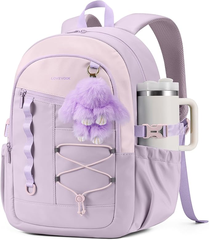 LOVEVOOK School Backpack for Girls, Large Capacity 16 Laptop Backpack with Tumbler Pockets, Multi-Compartment Backpacks with Lucky Bunny Charm, Water-Resistant Travel Backpack, Purple