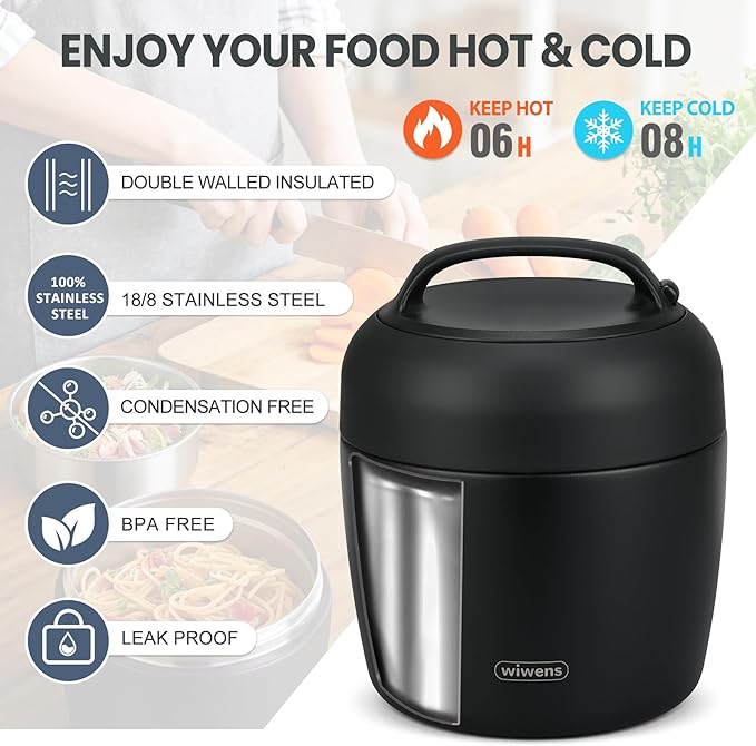 wiwens Thermo Food Jar for Hot Food Adults 32OZ Soup Thermo Lunch Containers Wide Mouth Vacuum Insulated Stainless Steel Leakproof Bento Box with Spoon