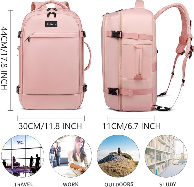 Asenlin Travel Backpack for Women Men,Flight Approved Carry On Luggage 30L Water Resistant Business Laptop Backpacks Fits TSA 15.6 Inch Computer College Weekender Outdoor Hiking-Pink