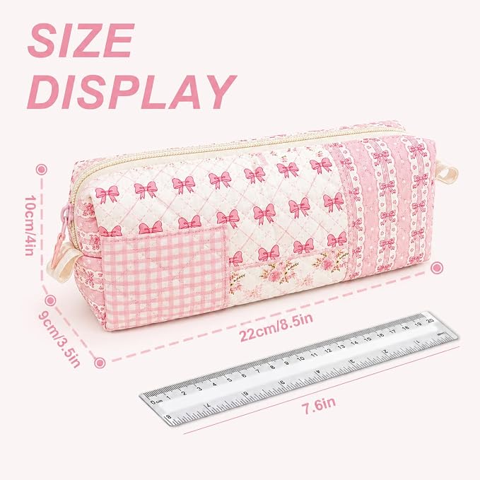 Cute Quilted Pencil Case for Women, Aesthetic Small Floral Pencil Pouch, Slim Soft Pencil Bag for Stationery Supplies & Daily Use（Pink Bow Patchwork）