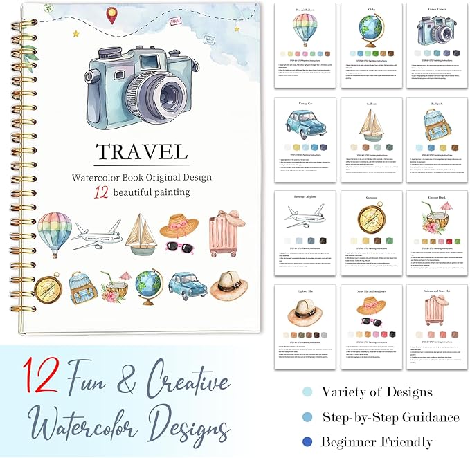Easy Watercolor Workbook for Beginners - 12 Beautiful Step-by-Step Paintings Water Coloring Book, Includes 16 Colors Paints, Relaxing Art Projects and Creative Gift for Adults & Teen (Travel)