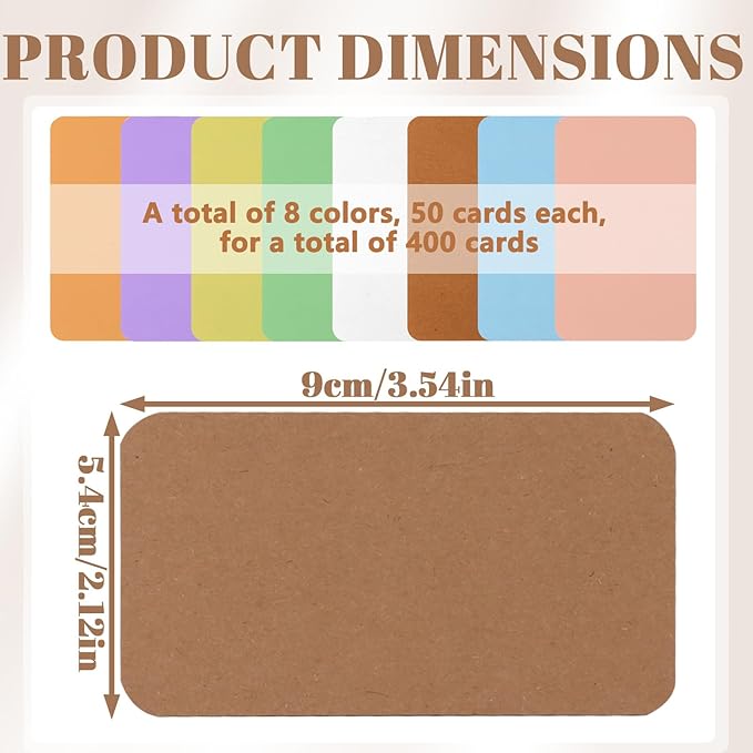 400 Pieces 3.5" x 2.1" Index Cards, Thick Blank Flash Card for Studying, Double Side Colored Note Cards Flashcards for Art Sketching Writing Recording Home Office Supplies (8 Colors)