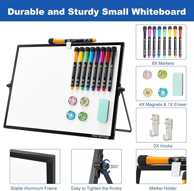 TSJ OFFICE Small White Board - 12 X 16 Inches Small Magnetic Dry Erase Board with Hooks for Wall, Desktop Whiteboard Stand 360 Degrees Revolving Double Sided for Office, Home, School, Black