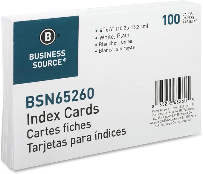 Business Source, BSN65260, Plain Index Cards, 100 / Pack