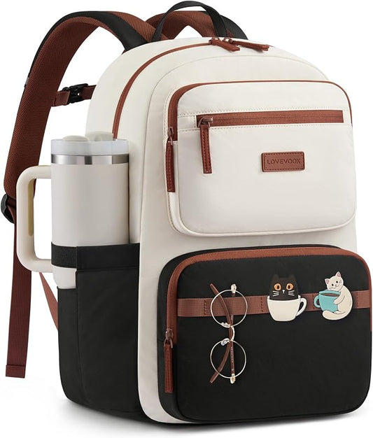 LOVEVOOK School Backpack for Teen Girls,Women Laptop Backpack with Water Bottle Holder,Lightweight Work Bag College Bookbag,Teacher Nurse bag,Beige-Black-Brown