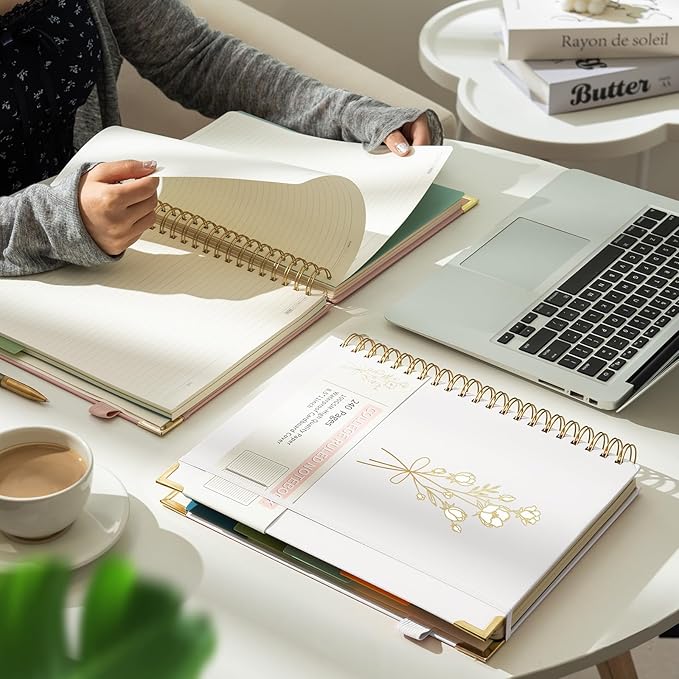 Hardcover Spiral Notebooks 8.5" X 11" Note Taking 5 Subject Notebook College Ruled with Dividers 240 Pages 100GSM Aesthetic Spiral Notebook for Work School Cute Journals for Women Writing, White