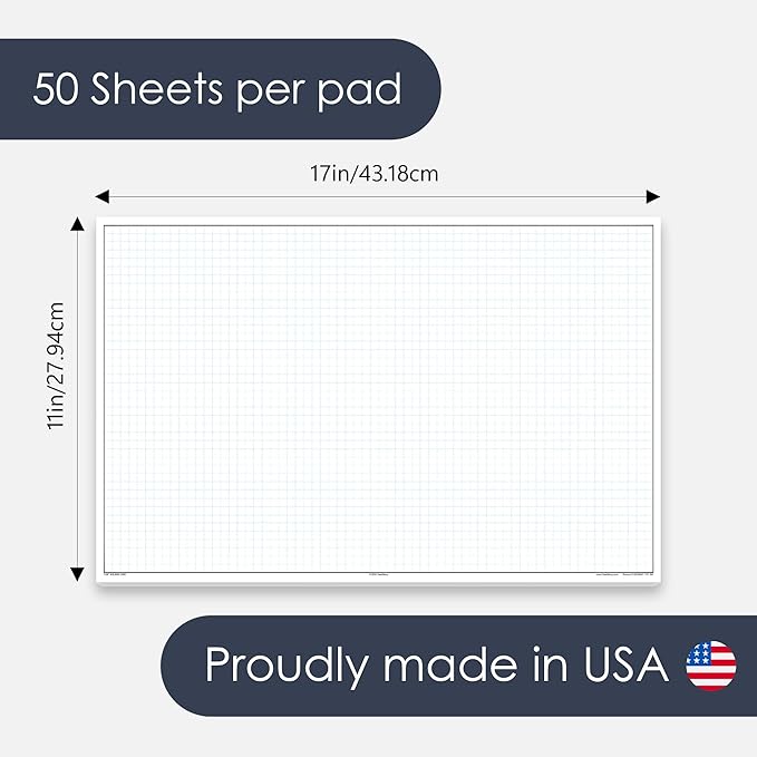 GeekNavy 11" x 17" Quadrille Graph Paper 50 Sheets Landscape - 0.25" 4x4 Square Grid, Blueprint, High Brightness, Border-Outlined, Large Drafting (3-Pack)