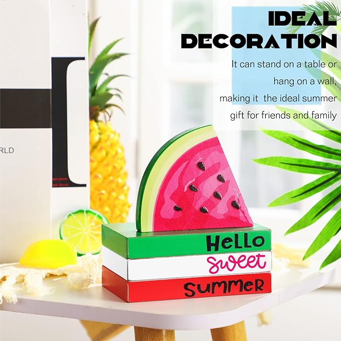 Yulejo 4 Piece Summer Watermelon Table Decor Hello Sweet Summer Book Table Centerpieces Farmhouse Wooden Watermelon Tiered Tray Stacked Book Decor for Home Office Kitchen
