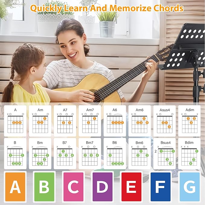 Guitar Chord Flashcards and Guitar Chord Chart，56Pcs Acoustic & Electric Guitar Learning Cheat Sheets - Learn Essential Chords Quickly & Easily