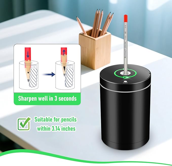 Fully Automatic Electric Pencil Sharpener,Rechargeable Smart Pencil Sharpener.Suitable for No. 2/Colored Pencils (6-8 mm),Applicable to School/Classroom/Office/Home