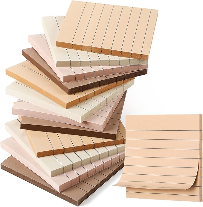 AmazingSpark 12 Pack Boho Color Lined Sticky Notes 3x3 Inch Post Ruled Stickies Super Self Stick Power Memo Pads Multi Colors Notes Pads Vintage Aesthetic School Office Supplies Accessories