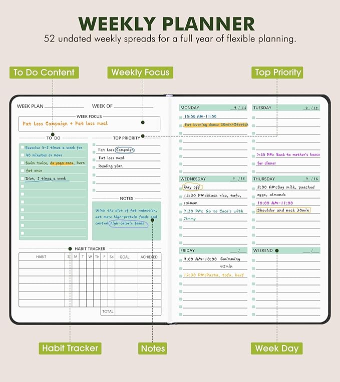 Undated Weekly and Monthly Planner, Hardcover Leather Calendar Blank Planner, Simplified To Do List Notebook with Goal & Habit Tracker Organizer, A5 Daily Weekly Planner for Work School Home, Black