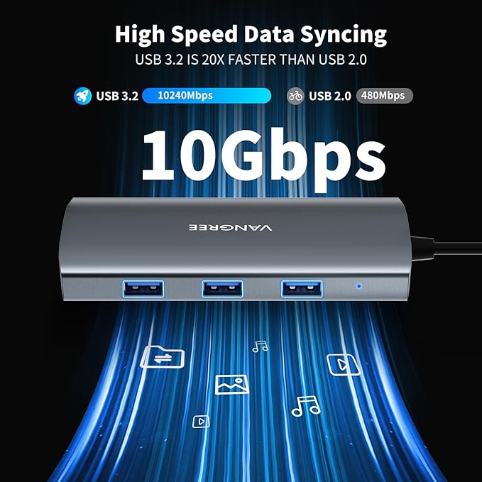 VANGREE USB C Hub, 3 USB 3.2 Gen 2 Ports with 10Gbps, 4K@60Hz HDMI, 100W Power Delivery, 3 USB-A 3.2 Ports, USB C Splitter Multiport Adapter Extender for MacBook Pro/Air, iPad Pro, Mac mini and More