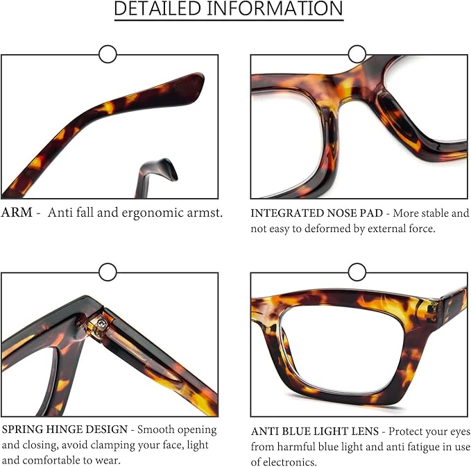 REAVEE 6 Pack Reading Glasses for Women Blue Light Blocking, Cute Square Computer Readers with Spring Hinge