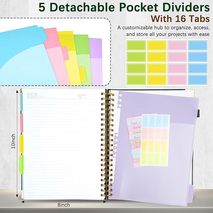 Hardcover Spiral Notebooks for Work 8''x 10'', 300 Pages 5 Subject Notebook with Dividers & Tabs, B5 Spiral Journal for Women, College Ruled Notebooks for School Note-Taking (Green)