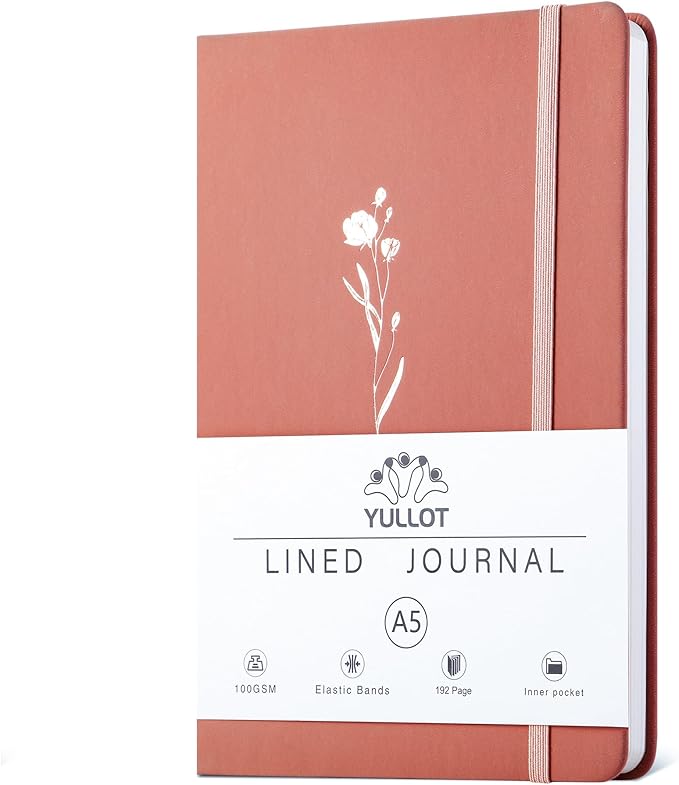 Lined Journal Notebook –A5 PU Leather Hardcover Notebook, 100gsm Thick Bleedproof Paper with Inner Pocket – 192Pages Lined Writing Journal for Students Women Note Taking - Clay Pink