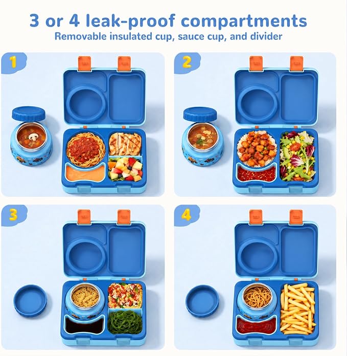 Kids Insulated Lunch Box with 8OZ Thermo Food Jar | Leakproof Bento Box with Ice Pack Sauce Cup Utensils Removable Tray & Dividers for School Daycare Travel, Trucks