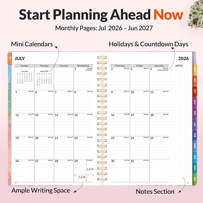 SUNEE Academic Planner 2026-2027 – Weekly & Monthly Planner, July 2026 to June 2027, 6.4"x8.3", Thick Paper, Tabs, Pockets, Bookmark, Spiral-Bound, Student Teacher Organizer, Marble