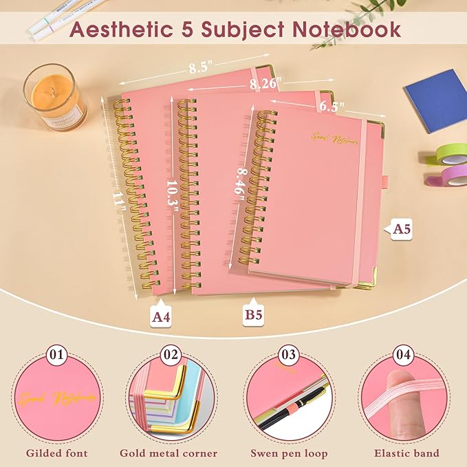 Hardcover Spiral Notebooks for Work, 5 Subject Notebook College Ruled with Dividers Tabs, Lined Organizer Notebook Journal for women, 8"x10" Large B5 Notebooks for School Note taking, 240 Pages Pink