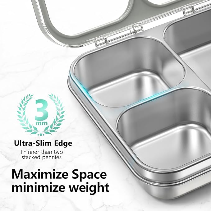 HOMEKOL Stainless Steel Bento Lunch Box, 3-Compartment Leak-Proof Metal Lunch Container for Kids & Adults, BPA-Free, Dishwasher Safe, Clear Tritan Lid, 4.2Cups/1000ml Grey (Not Insulated)