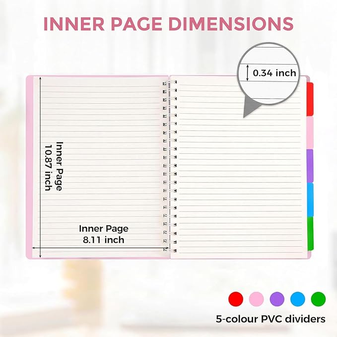 Subject Notebook Wide Ruled, 8.5x11inch Hardcover 5 Subject Lined Spiral Notebook with Dividers Tabs for School Women Journal Note Taking Office Supplies, 220 Pages, Pink