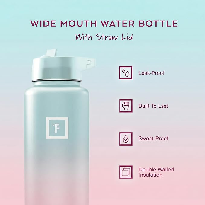 IRON °FLASK 40 oz Wide Mouth Water Bottle with Straw | Insulated Stainless Steel Sports Water Bottle with Leakproof Straw Lid - BPA Free, Cold 24 Hrs, Sweat Free (Bubble Gum)