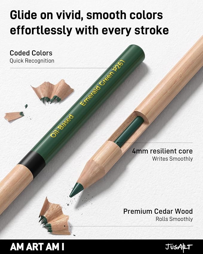 JusArt 24 Oil-Based Colored Pencils – Soft Core, Durable, Vibrant & Ultra-Smooth. Ideal for Adult Coloring, Portrait, Sketching, Landscape. Professional Drawing Pencils for Artists, Adults & Beginners