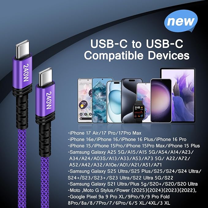 240W USB-C Charger Cable Fast Charging Cord for iPhone 17 Pro Max 17 Air 17 Pro 16E 15 Plus,6FT USBC to USB Type C Cable Android Phone Power Carplay Charger Cable for Samsung Galaxy S26 Ultra/S26+