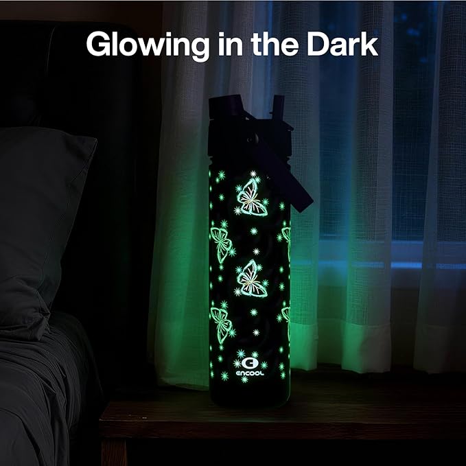 ENCOOL Insulated Water Bottle with Straw Stainless Steel Water Bottle, Glow in the Dark, Leak-Proof, BPA-Free, Keeps Cold for 24 Hours for Sports, Travel, School (26 oz, Midnight Butterfly)