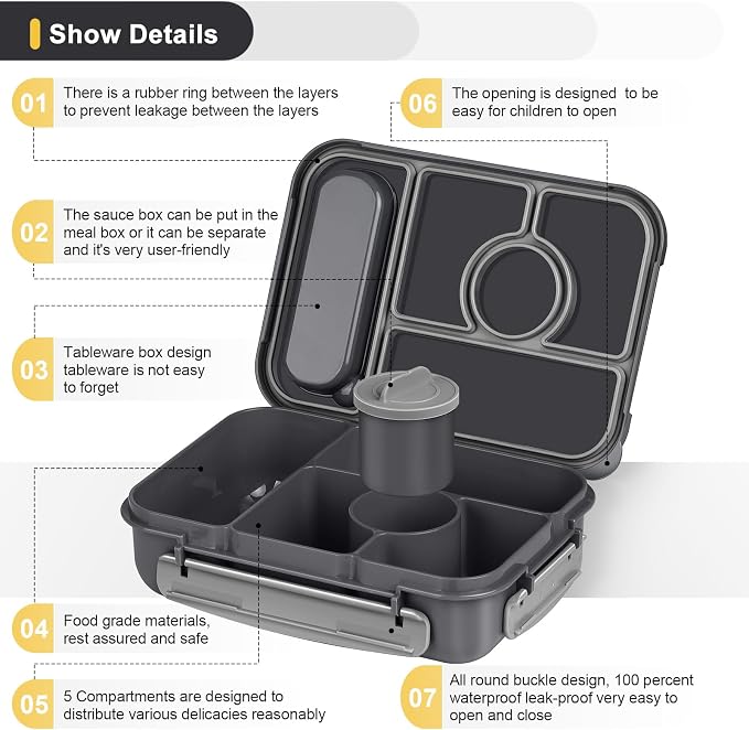 Amathley Bento Box Adult Lunch Box Kids,Lunch Containers for Adults/Kids/Toddler,5 Compartments Bento Lunch Box with Sauce Vontainers,Microwave & Dishwasher & Freezer Safe,BPA-Free (Dark Gray)