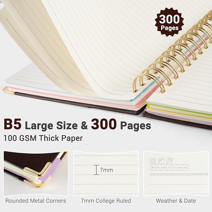 Hardcover Spiral Journal Notebook, 300 Pages 5 Subject Notebook College Ruled with Removable Dividers Tabs, 8" x 10" Notebooks for Work, Spiral Ruled Lined Writing Journal Hardcover Leather Notebook for School (Brown, 8''x 10'')