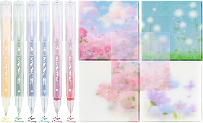 BAYTORY 200 Sheets Transparent Sticky Notes, 6Pcs Double-Ended Colored Marker Pen, 3 x 3 Glitter Clear Sticky Notes, Waterproof Self-Stick Note, Easy to Post for Note Taking (Flower)