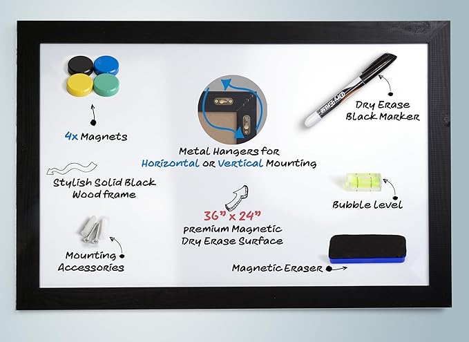 Real Wooden Framed Magnetic Dry Erase Whiteboard, 24" X 36", Vertical/Horizontal Wall Mount, Includes Black Marker, Eraser and 4 Magnets, by Better Office Products (Solid Black)