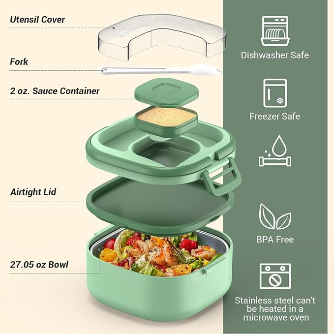 PEDECO Luch Box Set Stackable Stainless Steel Bento Box with Insulated bag,Leak-Proof,1-Tier Bento box,Lunch Box With Portabl Sauce Pod and Cutlery-for Kids/Toddler,Dishwasher Safe,Green
