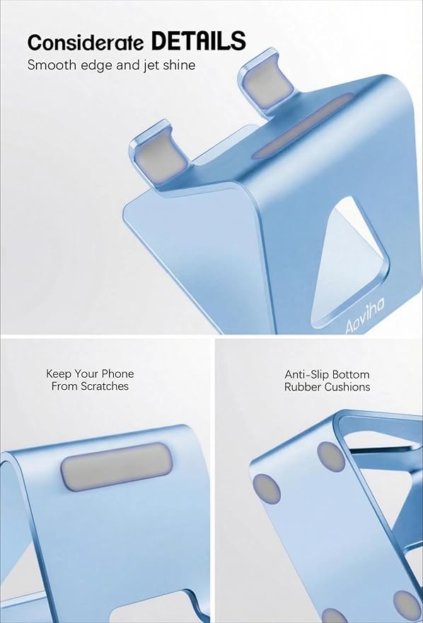 Aoviho Desk Cell Phone Stand - Aluminum Phone Holder Cradle Dock for iPhone 17 16 15 13 12 Pro Max 6s Plus SE 5 5s Samsung Galaxy S10 S9 S8 S7 Note 9 8 and All 4-10 Inch Smartphones - Sky Blue
