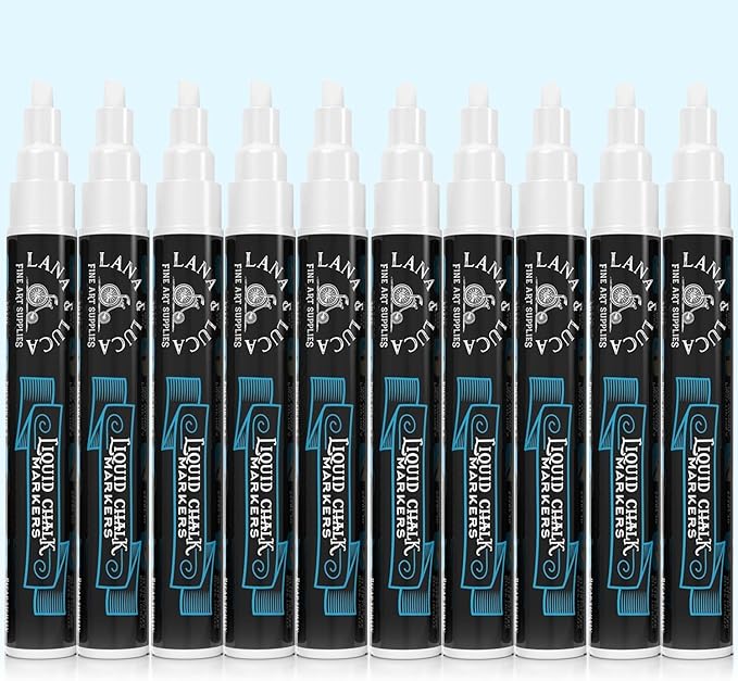 LANA & LUCA Liquid Chalk Marker Pen - White Dry Erase Marker - Chalkboard Markers for Signs, Windows, Blackboard, Glass - Reversible Tip (6mm, 10 Pack)