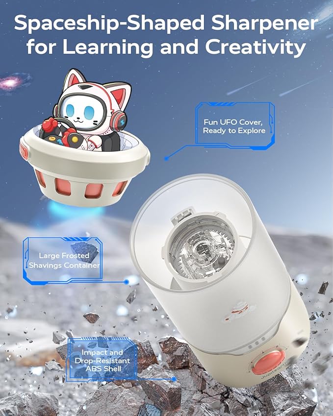 JUPITEARTH Electric Pencil Sharpener for Kids, Hands-Free, Rechargeable, Auto in & Out Spaceship Fully Automatic Pencil Sharpener Fits 6.9-11mm Colored/No.2 Pencils for Classroom Home Office (Pink)