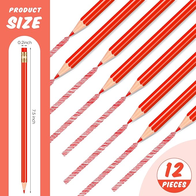 Chinco 12 Pieces Red Pencils with Eraser for Kids HB Erasable Pencils Pre-sharpened Wooden Pencil Correcting for Students School Writing Drawing Checking