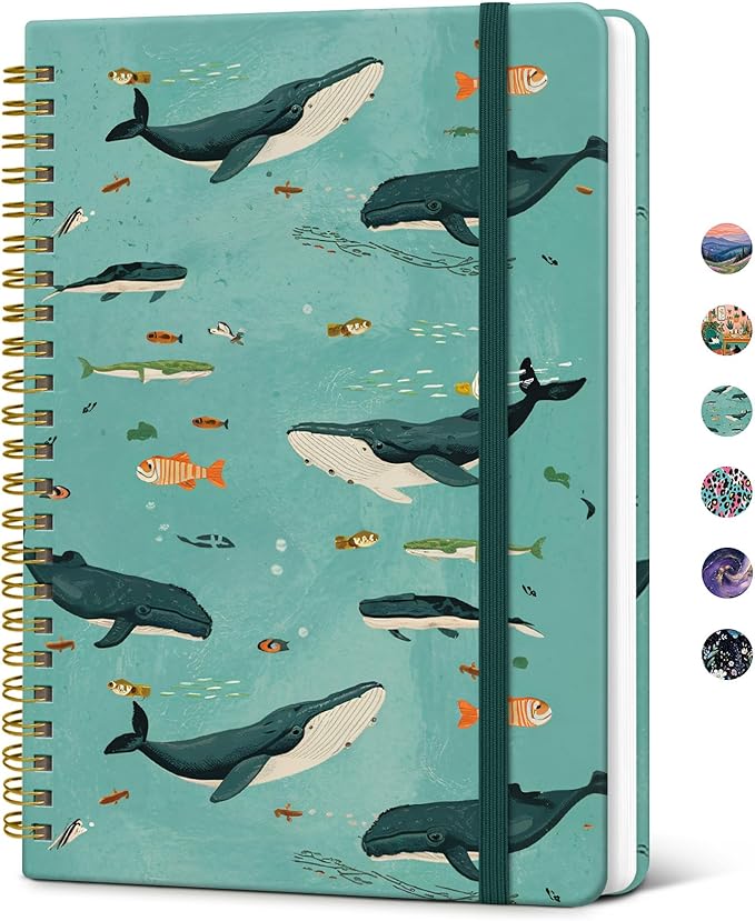 Taja Spiral Lined Journal for Women, Notebook for Work with Pretty Cover, 140 College Ruled Pages, Hardcover Notebook for Journaling, Note Taking, Bible Study, Depths Whale