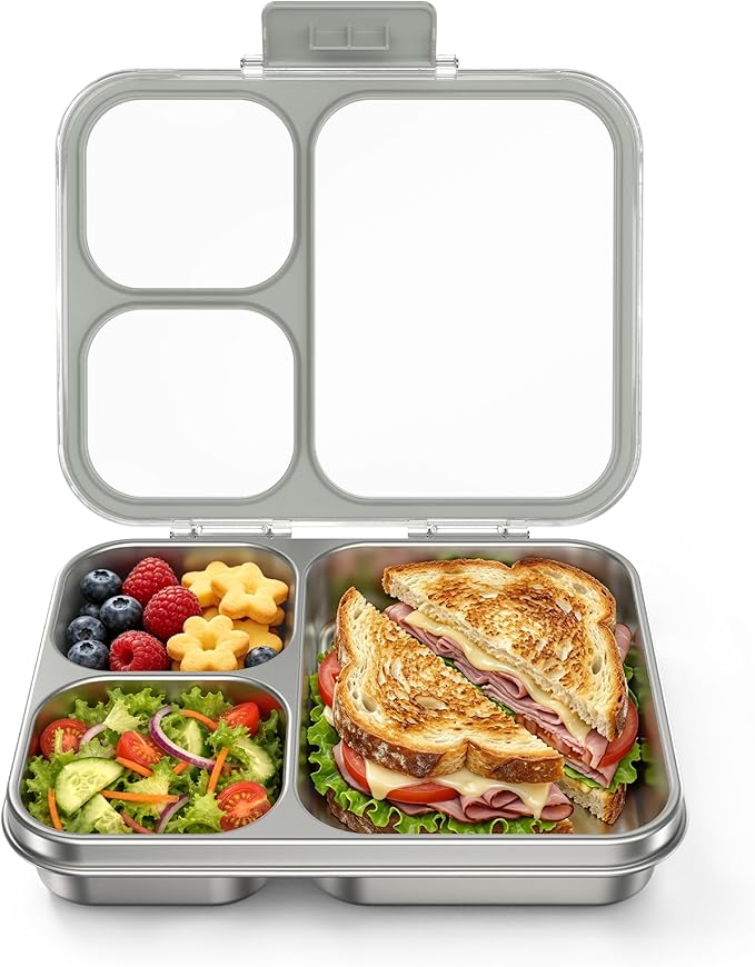 HOMEKOL Stainless Steel Bento Lunch Box, 3-Compartment Leak-Proof Metal Lunch Container for Kids & Adults, BPA-Free, Dishwasher Safe, Clear Tritan Lid, 4.2Cups/1000ml Grey (Not Insulated)